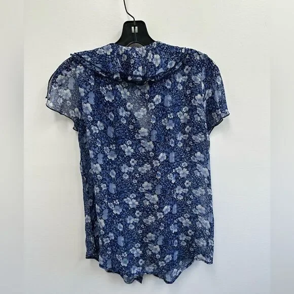 Y2K Oscar De La Renta Blue Floral Ruffle Short Flutter Sleeve Blouse Size 8 - Picture 14 of 14